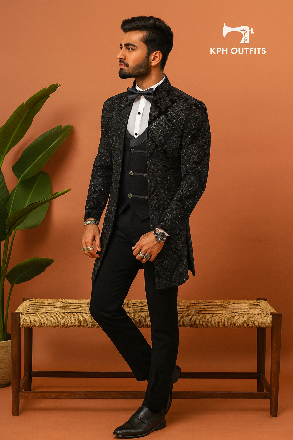 Men’s Black Handcrafted Western Long Jacket Tuxedo Suit - Designer Formal Wear by KPH Outfits