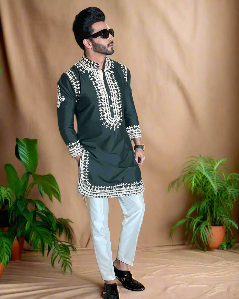 Men's Green Mehndi Ceremony Designer Embroidered Kurta Set – KPH Outfits