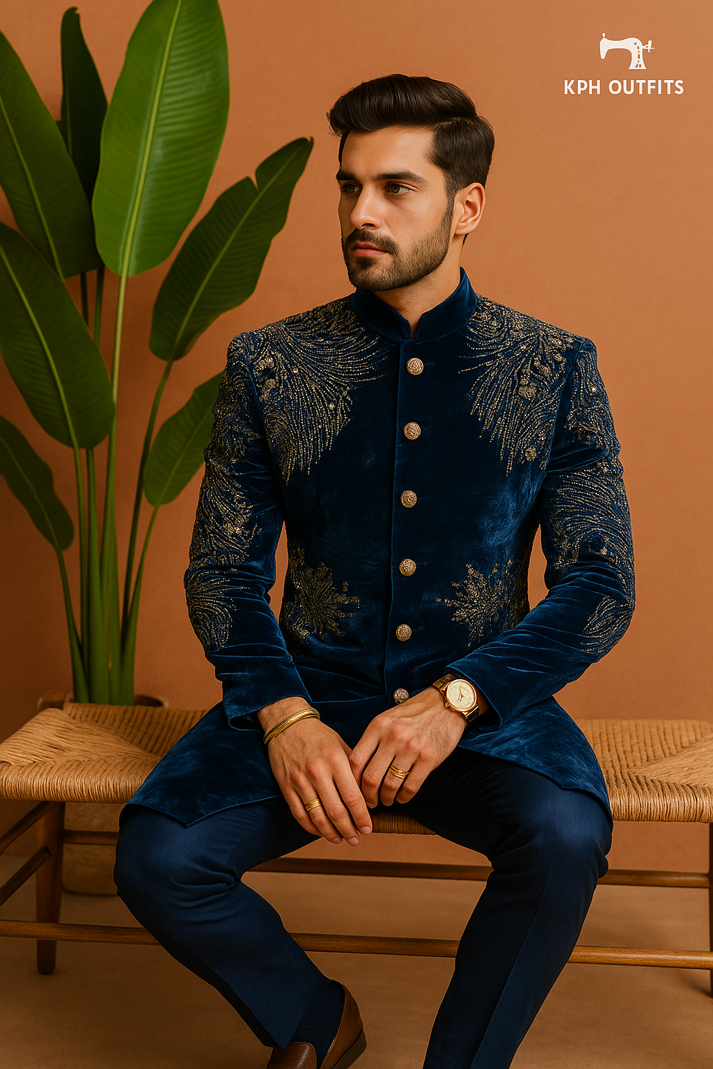 Men's Navy Blue Velvet Handcrafted Luxury Embellished Sherwani Set – Designer Wedding Outfit – KPH Outfits