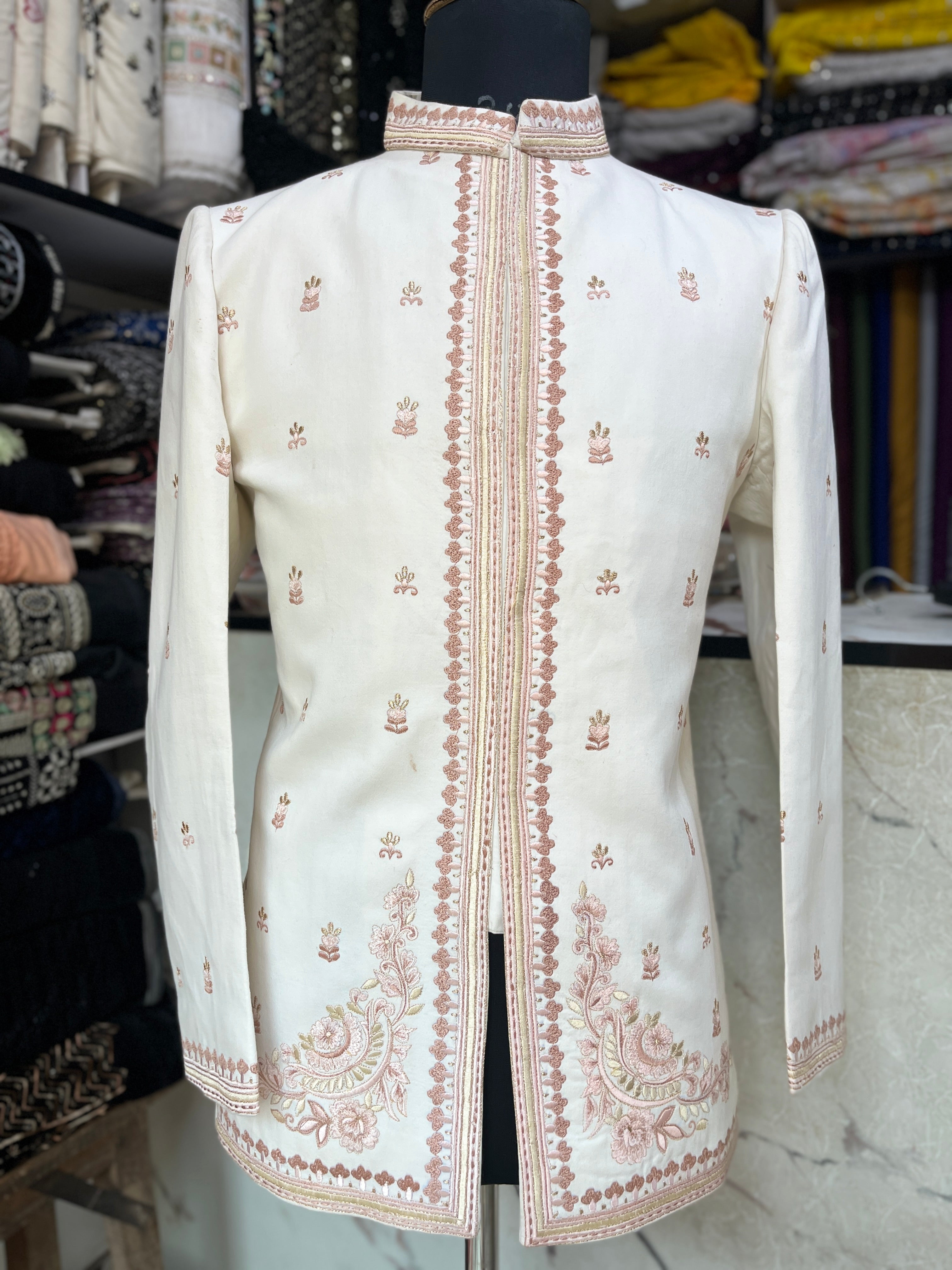 Men's Ivory Thread Embroidery Groom Bandhgala Suit