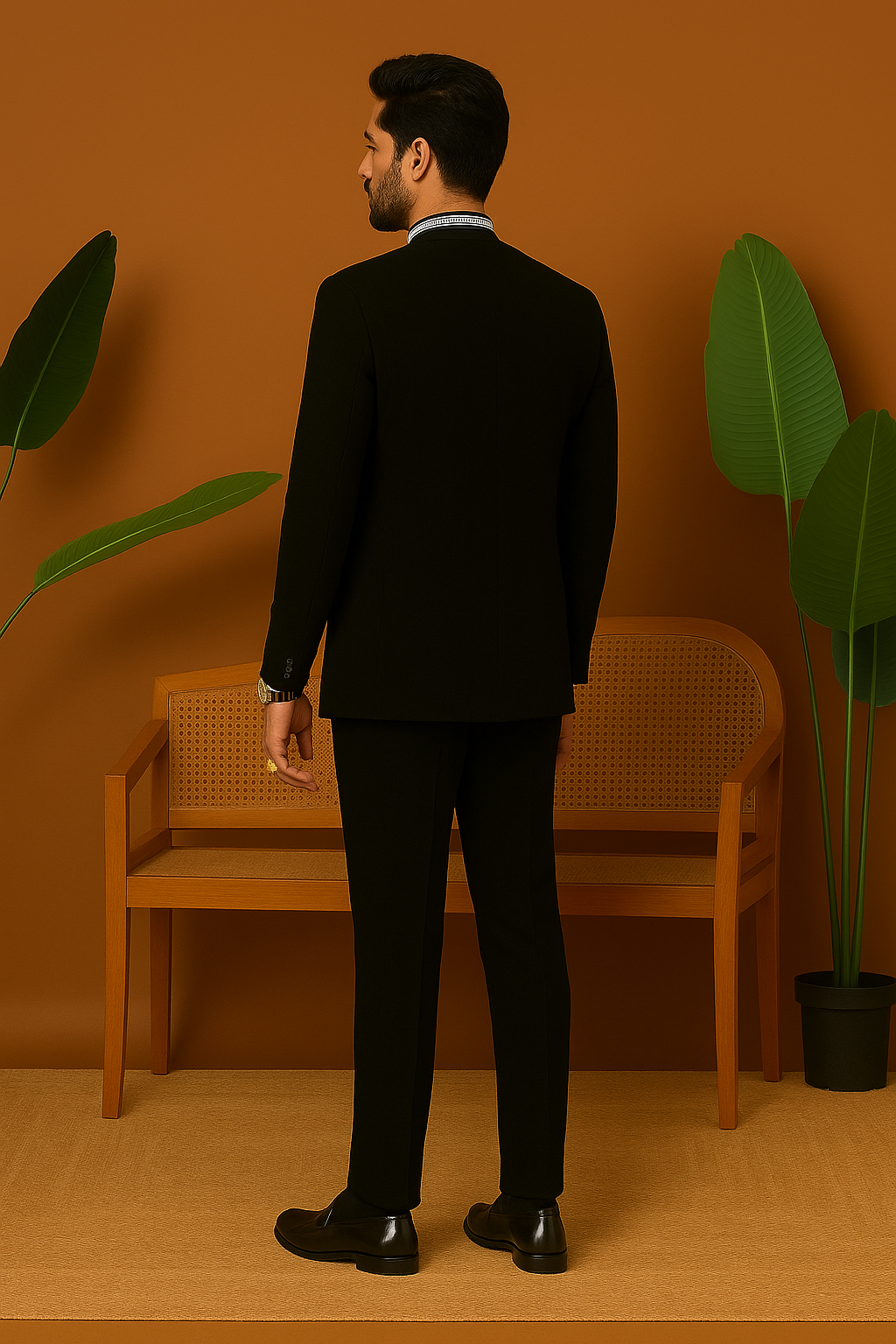 A side view of the man in the bandhgala suit, showcasing the fit and cut of the outfit.

