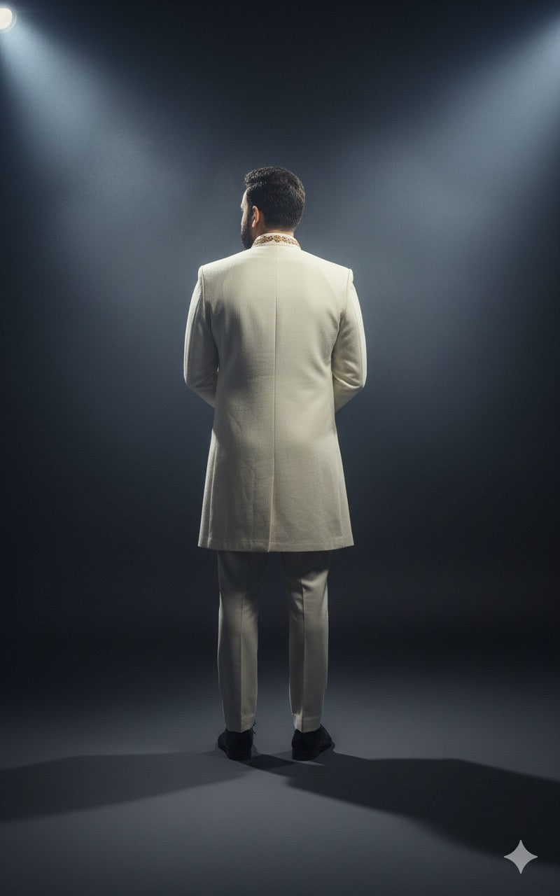 Handcrafted KPH Outfits ivory Achkan with detailed lower hem embroidery.