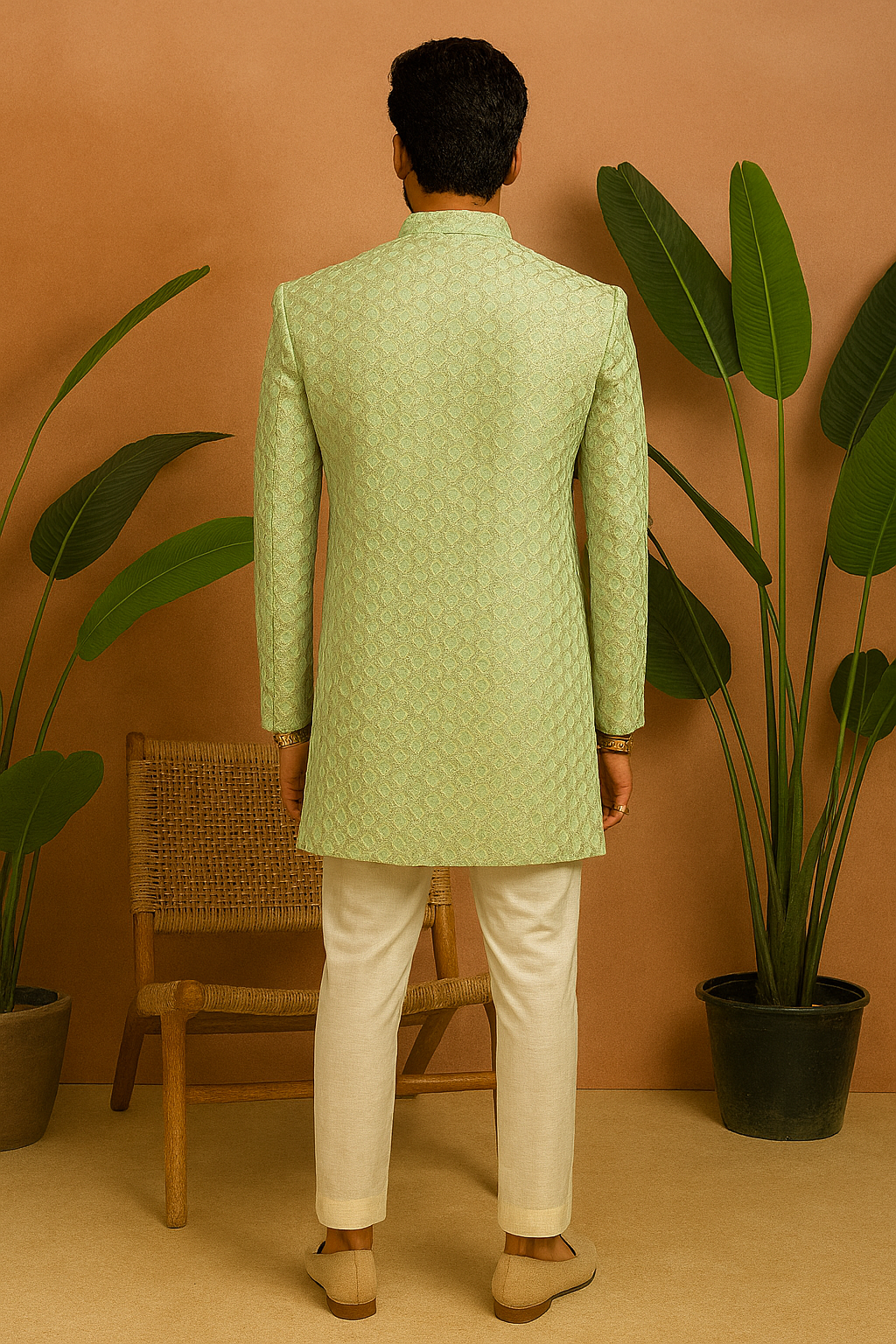 Minimalistic groom Indo-Western fusionwear in pista – KPH Outfits