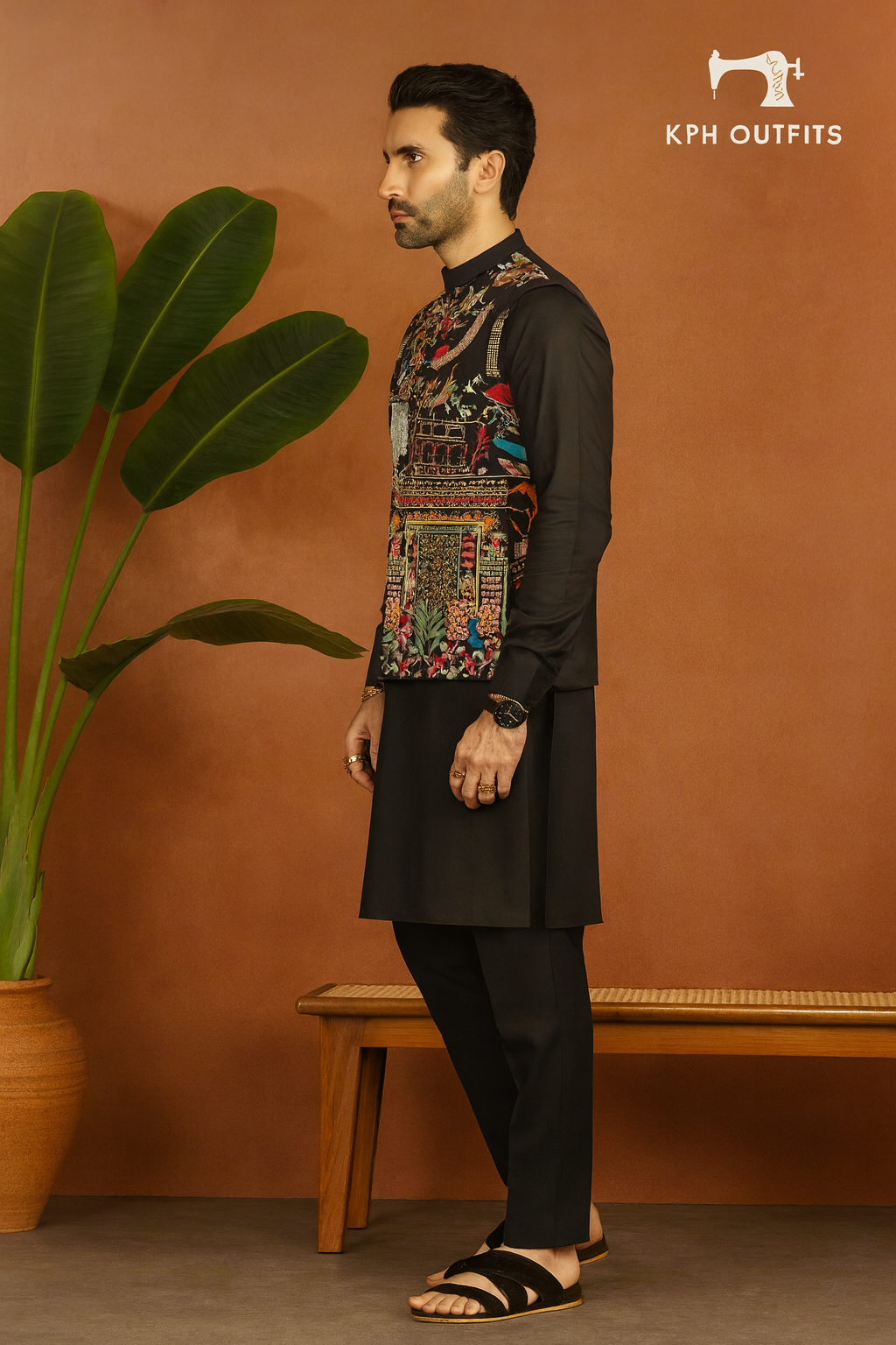 Men's Black and White Multi-Colour Thread Embroidery Nehru Jacket Set - KPH Outfits