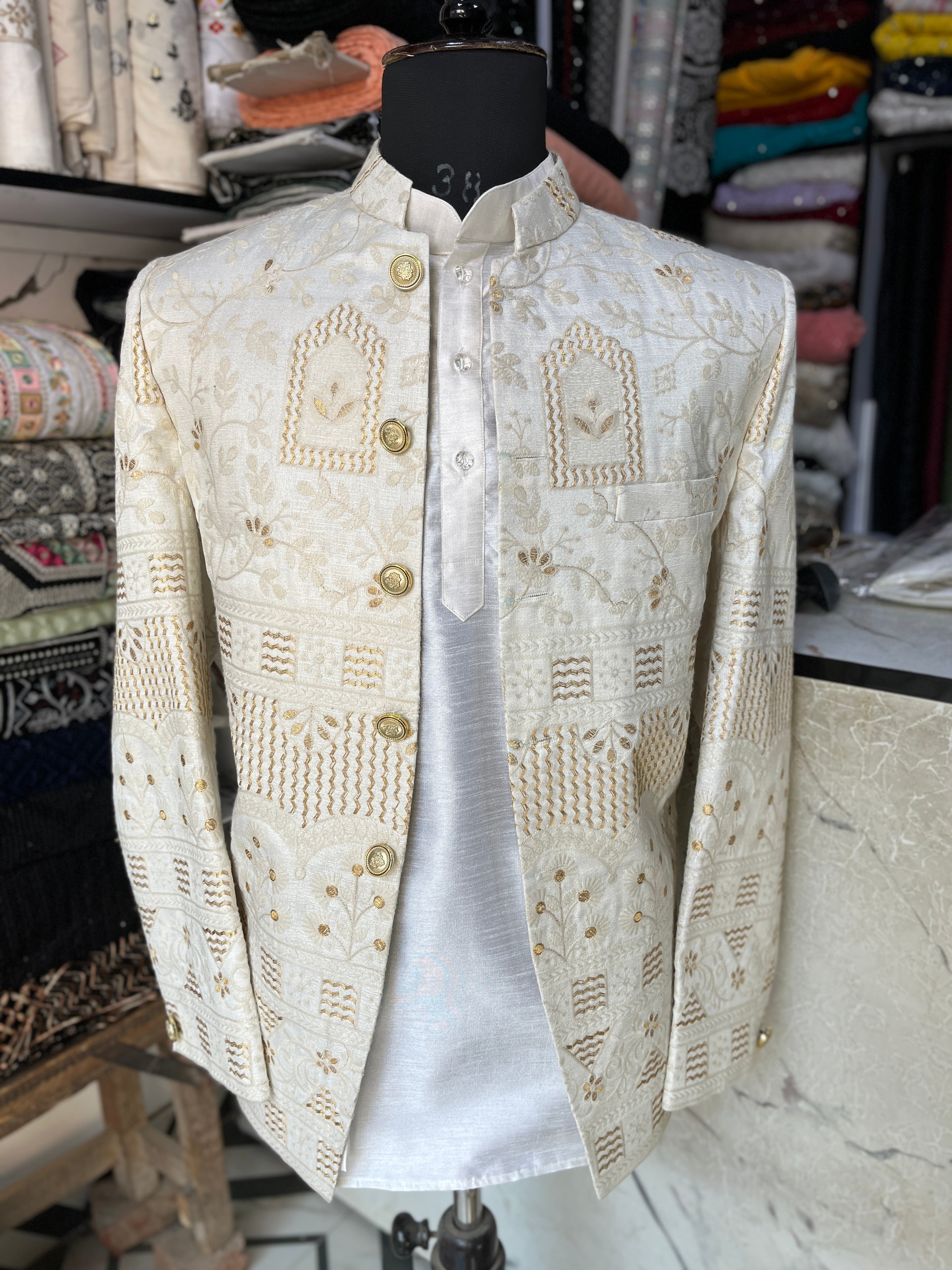 Men's Off White Silk Embroidery Jodhpuri Set