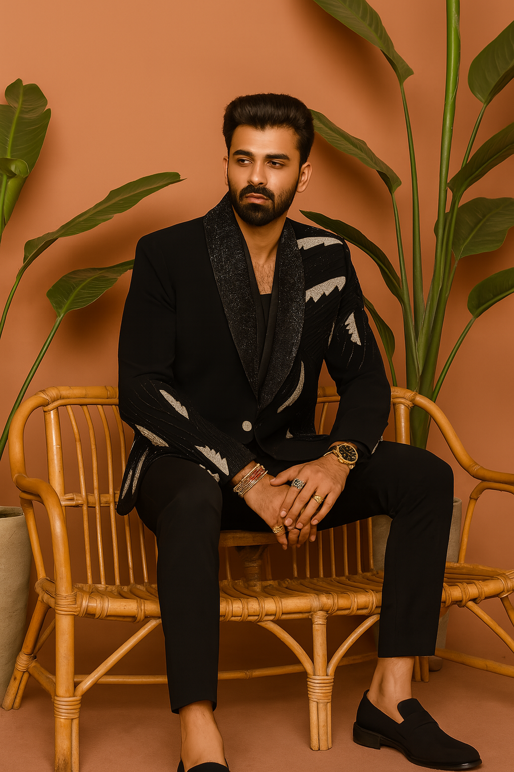 A front view of a man sitting in a black embellished tuxedo suit, with an intricate design on the blazer.

