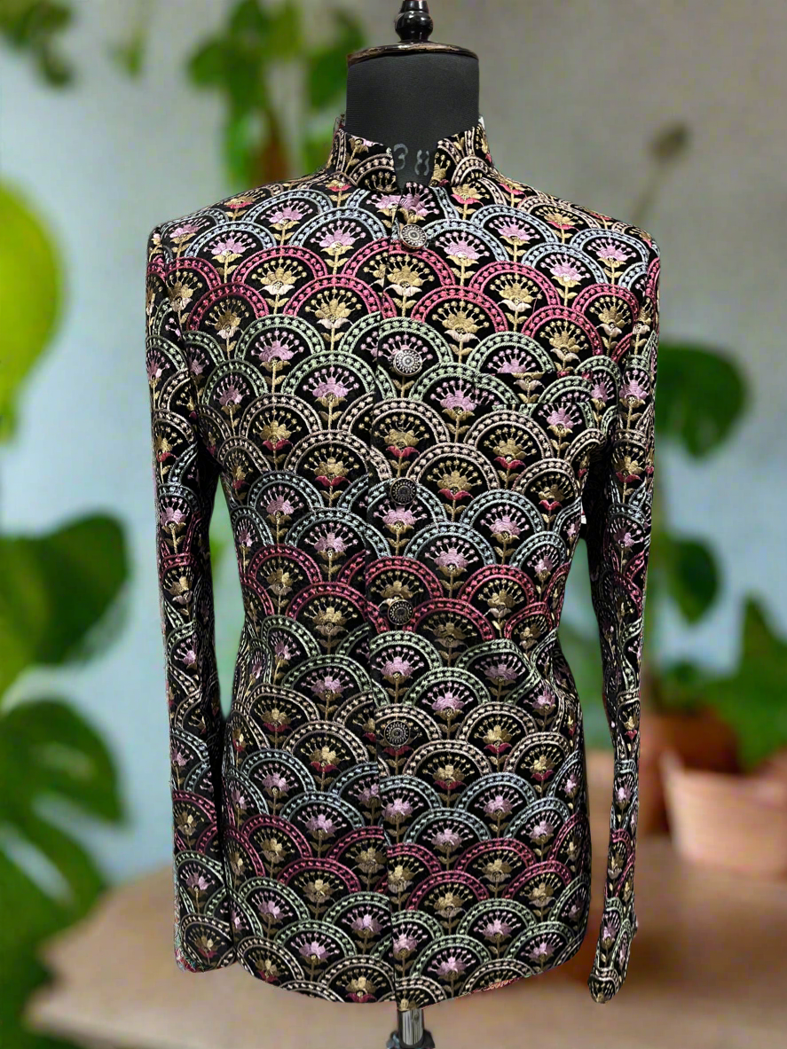 Black Bandhgala suit with multi-colour embroidery
