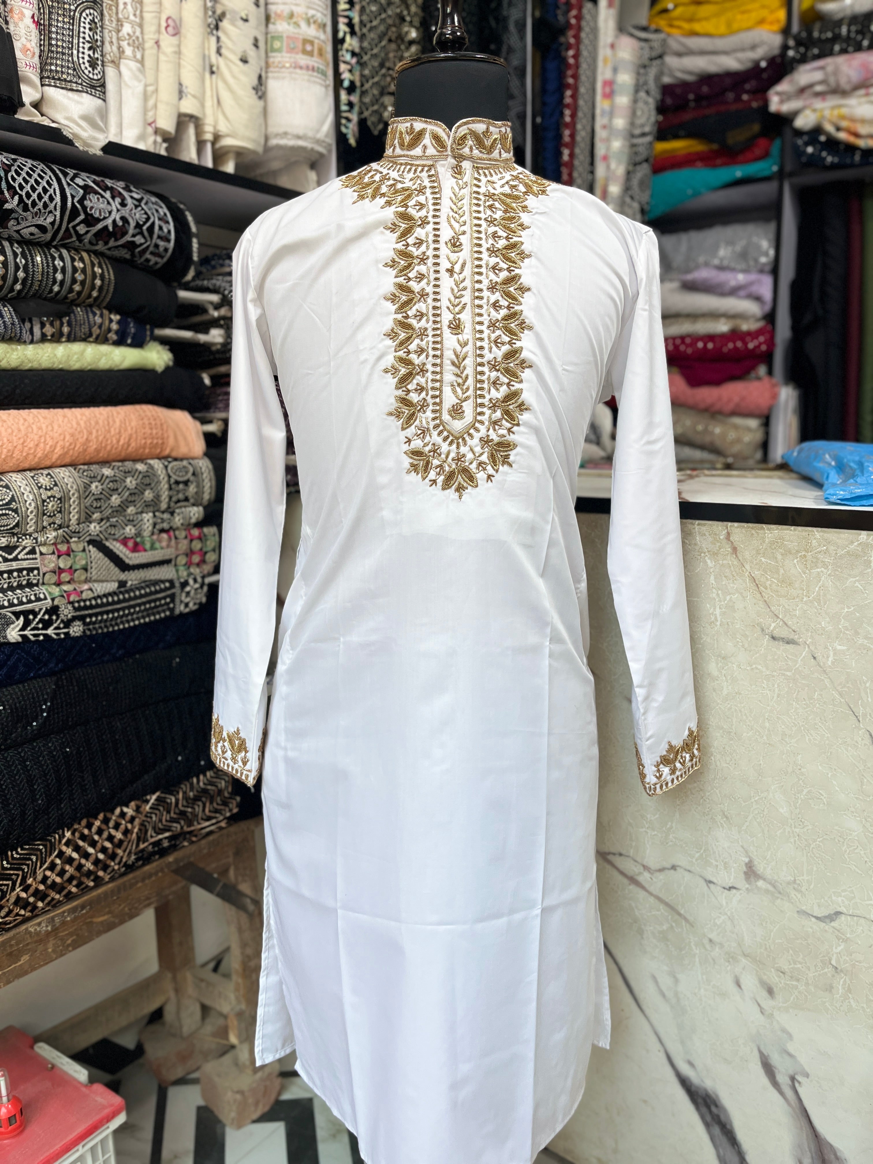 Men's White Handcrafted Neck Style Kurta Set