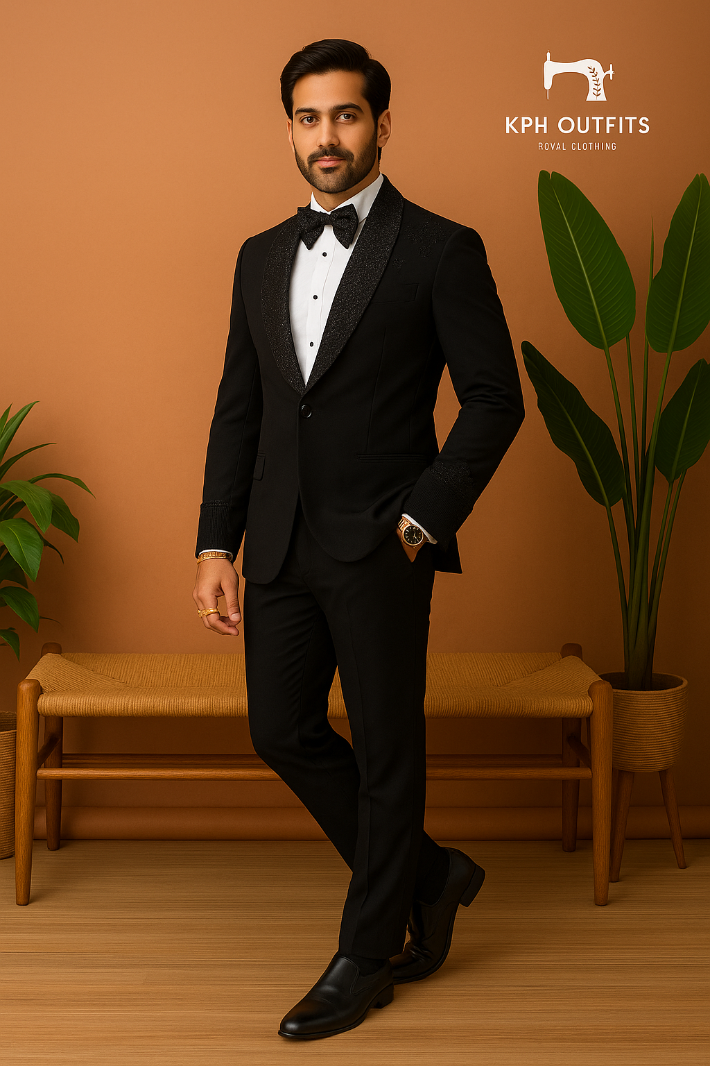 Men's Black Handcrafted Tuxedo Suit with Cut Work Detailing By KPH Outfits