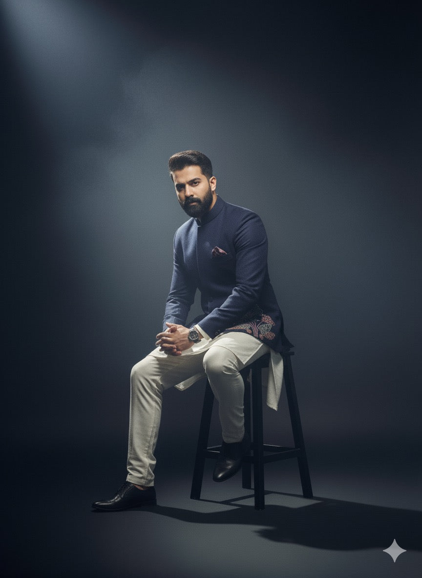 Designer bandhgala in navy with premium detailing for weddings