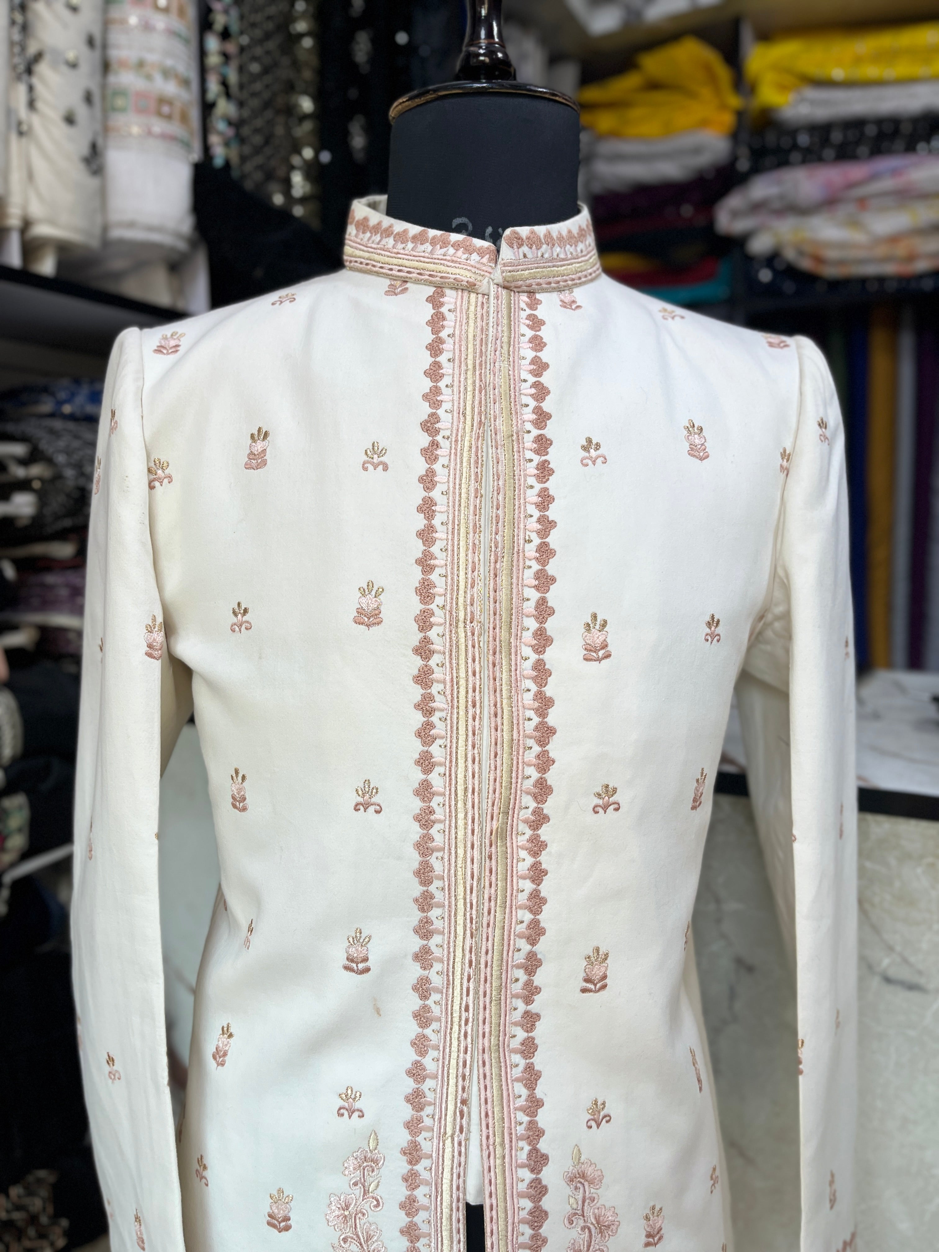 Men's Ivory Thread Embroidery Groom Bandhgala Suit