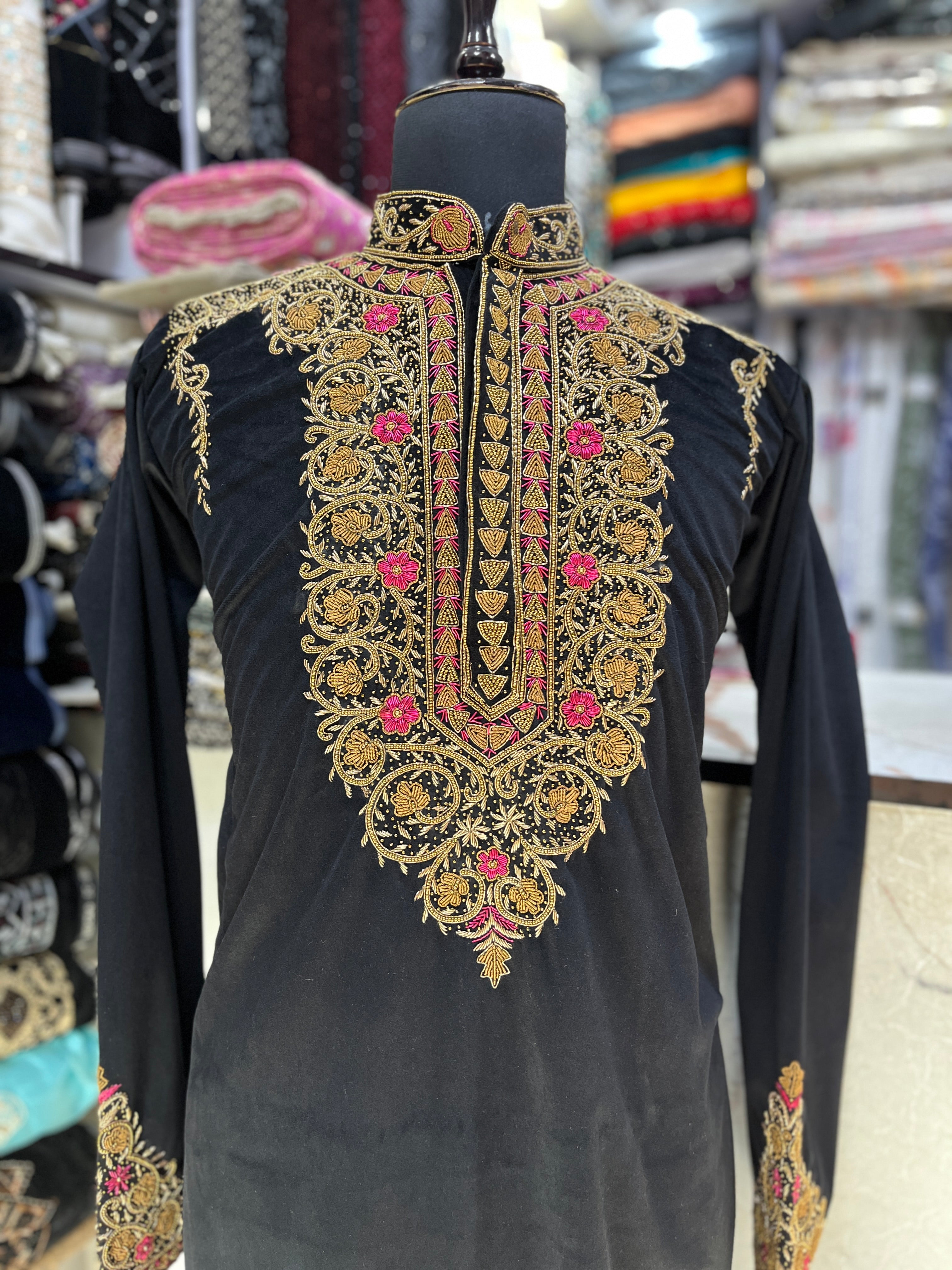 Men's Black Handcrafted Multi Colour Zardozi Work kurta set