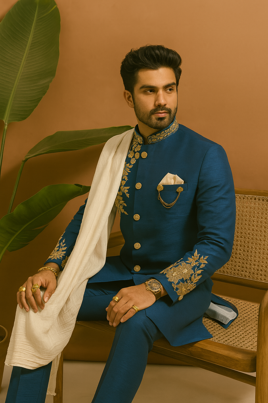 Man in a blue embroidered suit sitting on a chair with a plant in the background
