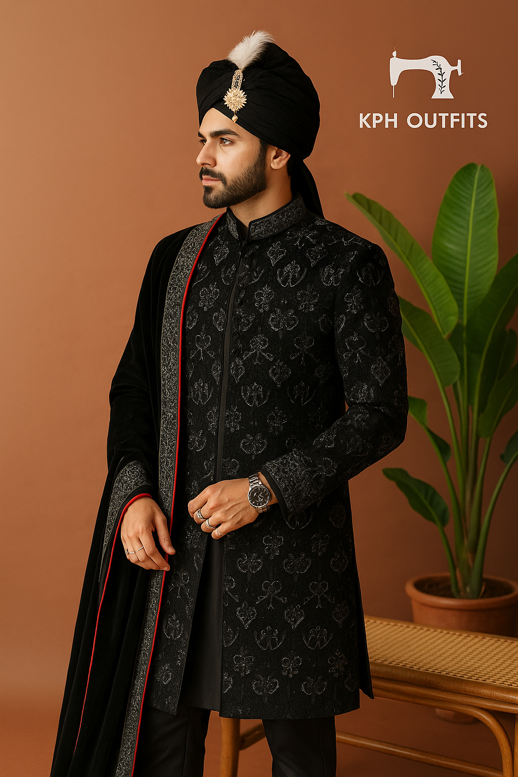 Men's Black Velvet Handcrafted Sherwani Set – Premium Designer Outfit for Weddings – KPH Outfits