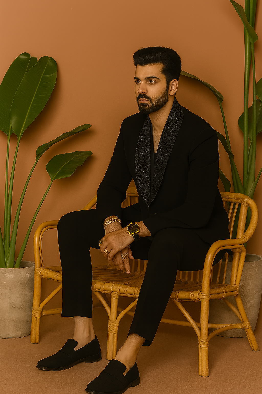 A different view of the man in the tuxedo, emphasizing the structured look and detailing on the blazer.

