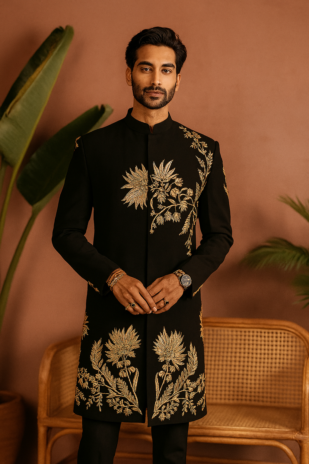 A man in a black Indo-Western kurta with intricate golden embroidery