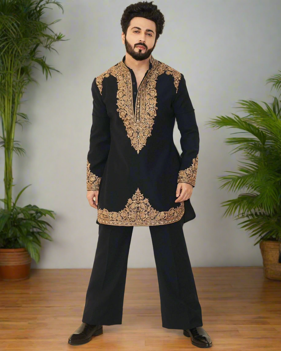 Designer black embroidered kurta for weddings and celebrations.