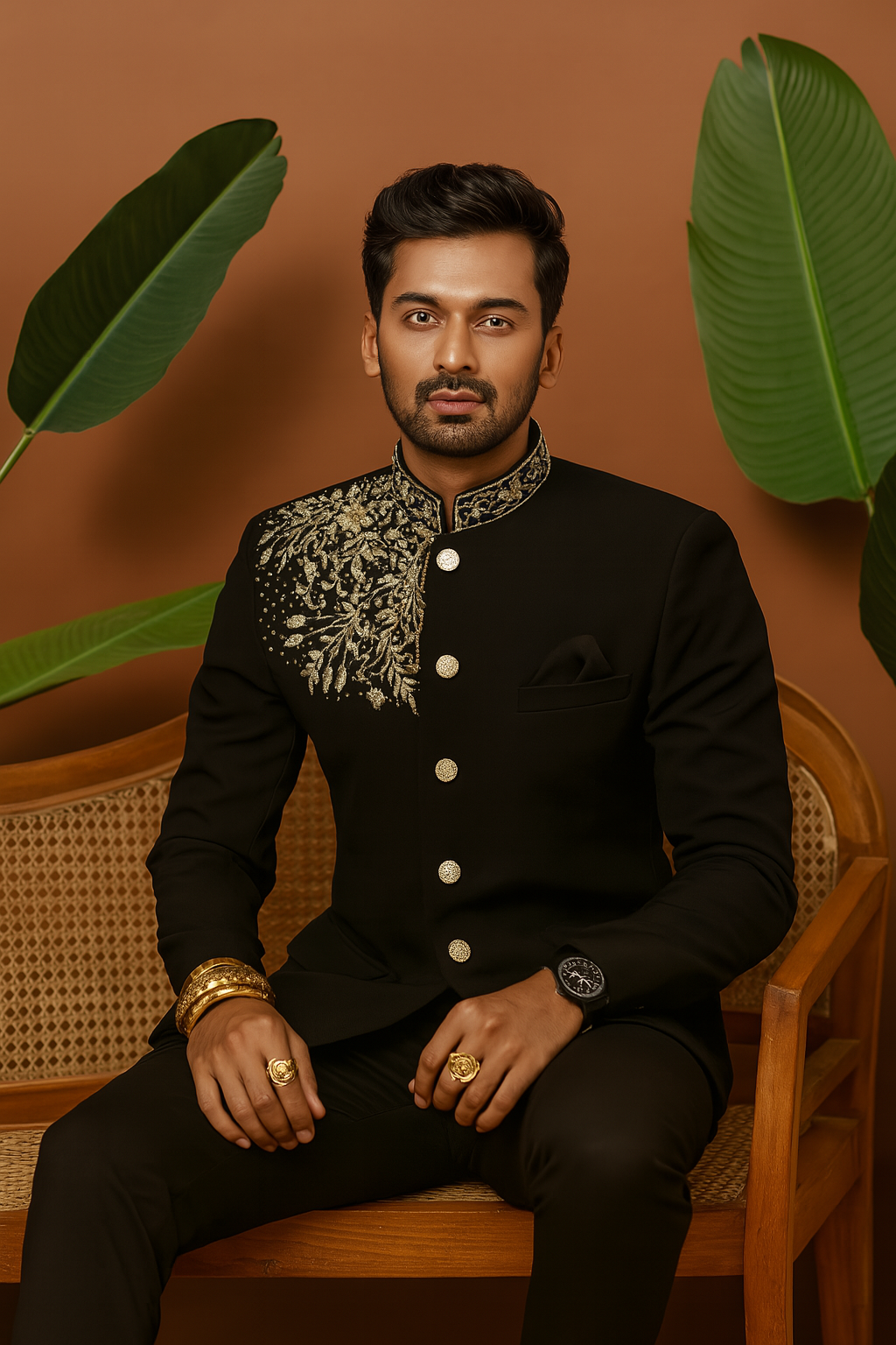 A close-up of the jacket's intricate gold cutdana embellishments.

