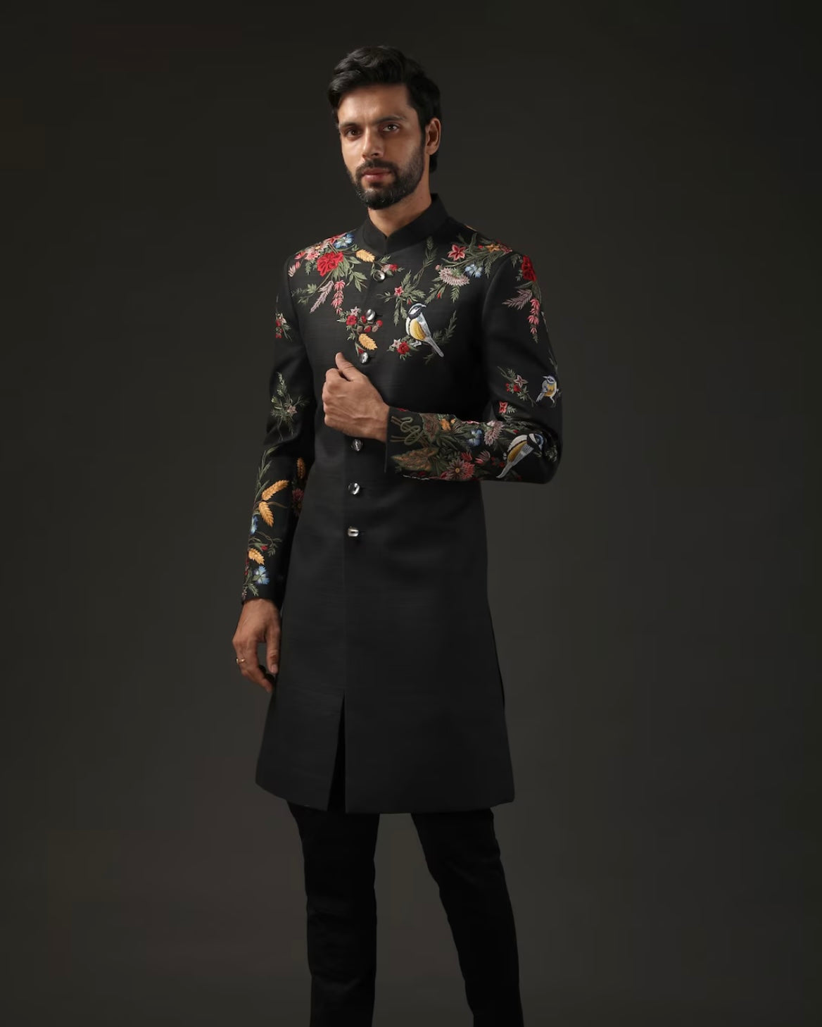 Men's Black Multi Colour Thread Embroidery Silk Sherwani Set