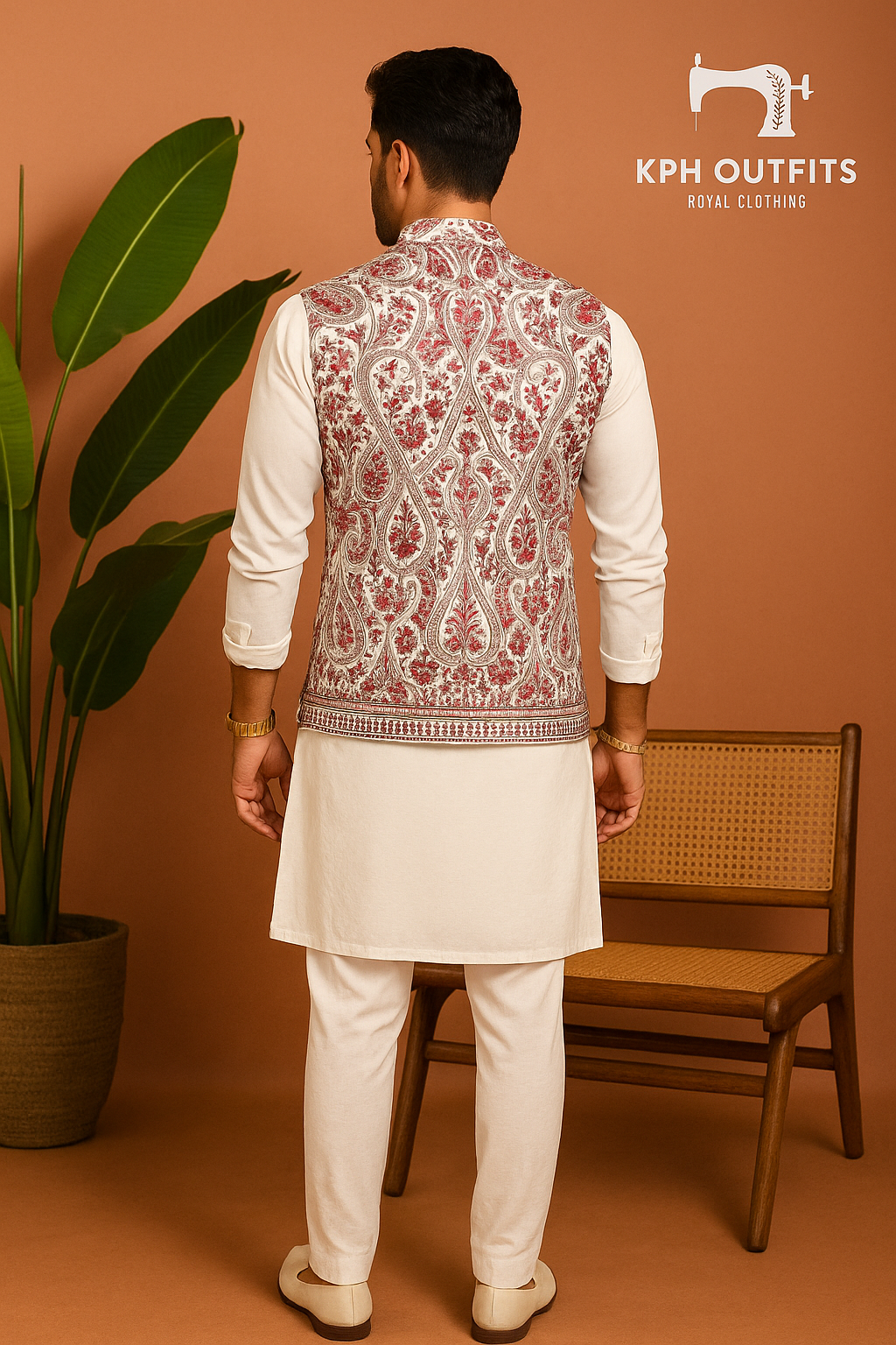 Men's White Kalamkari Embroidered Nehru Jacket – 100% Georgette – Elegant & Timeless Style – KPH Outfits