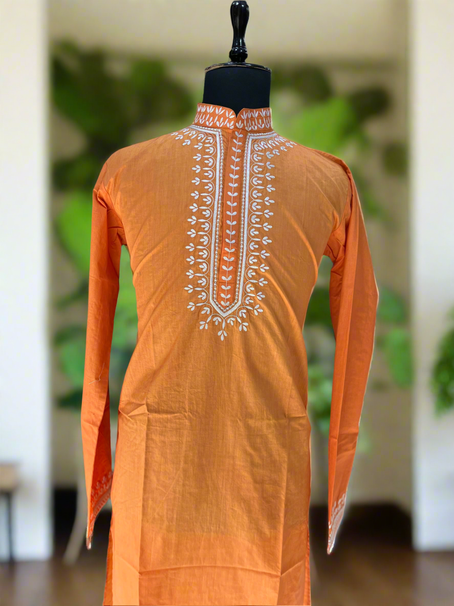 Traditional Orange Embroidered Kurta and Pants for Men by KPH Outfits