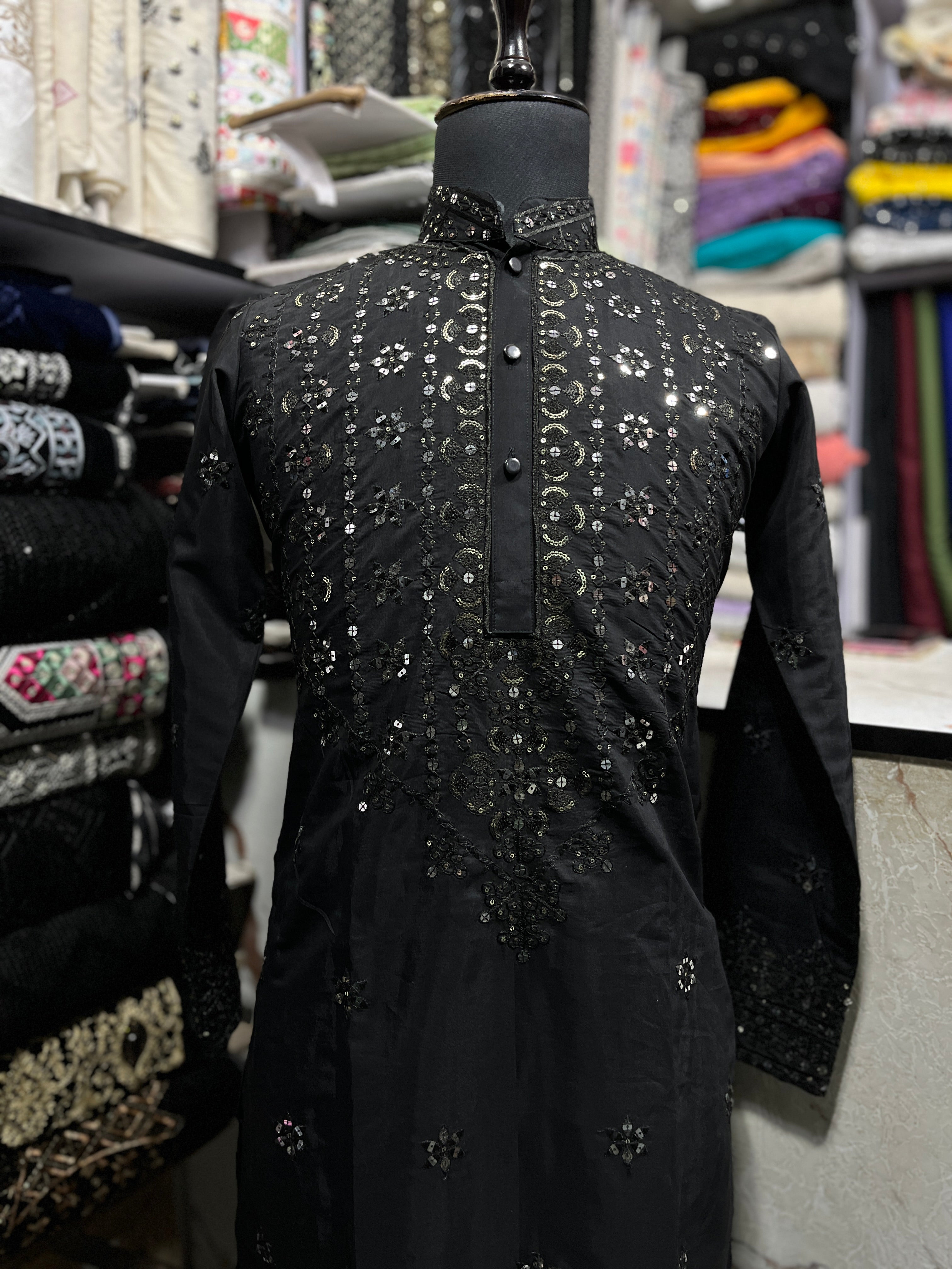 Men's Black Sequence Kurta Set