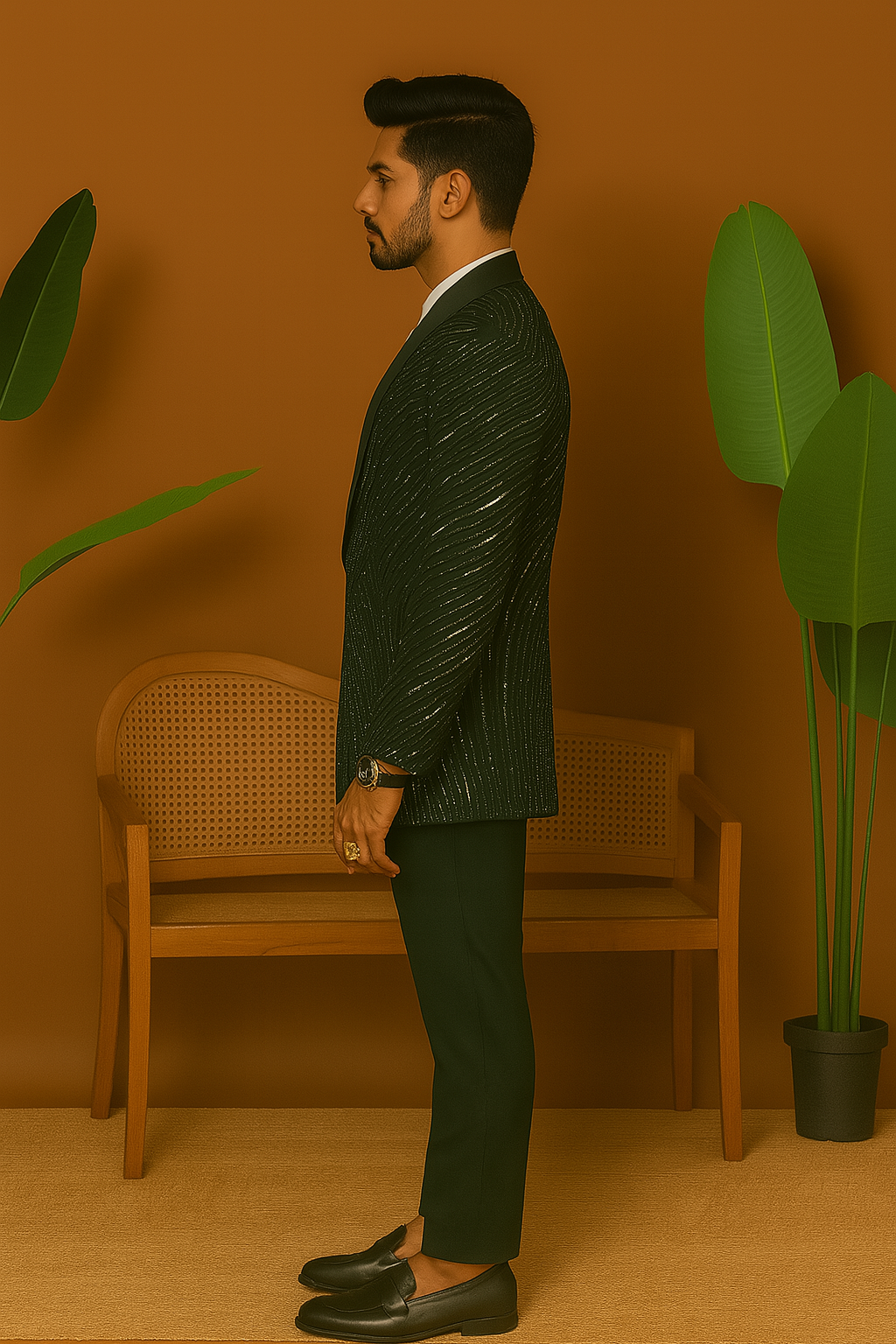 A front view of a man in a green tuxedo with an all-over crystal embellished design, posing elegantly.


