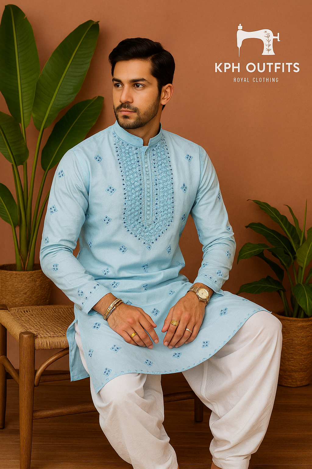 Men's Exclusive Sky Blue Real Mirror Designer Kurta Set – Elegance by KPH Outfits