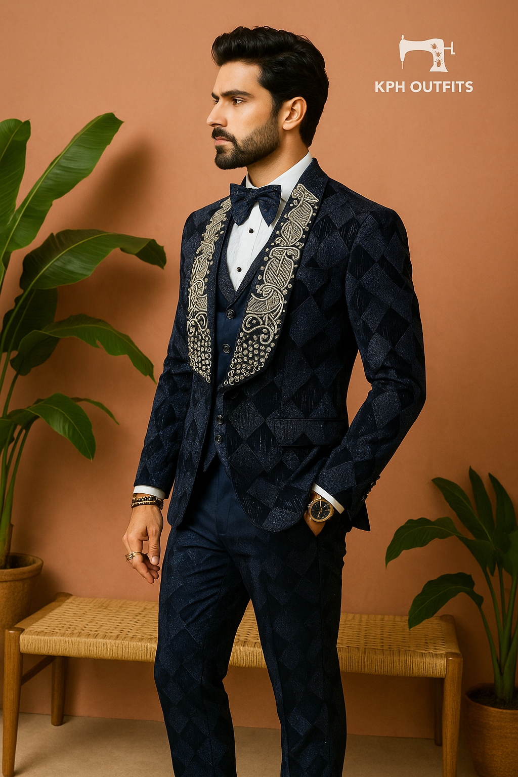 Navy Blue Broad Shawl Lapel Handcrafted Tuxedo Suit for Men - KPH Outfits