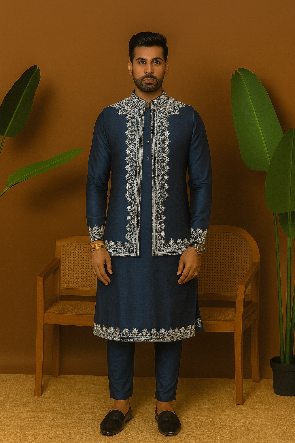 A front view of a man in a navy blue silk kurta and pajama set with a matching waistcoat featuring intricate white thread embroidery.


