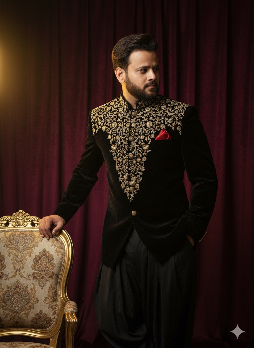 Designer black and gold velvet suit for formal evening events