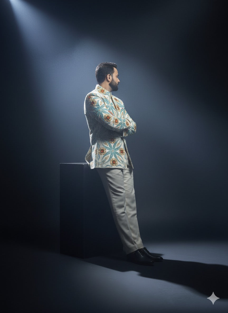 Designer ivory reception suit for grooms with heavy stone embellishment