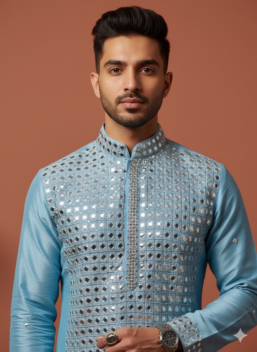Mayank Chawla inspired men’s faux mirror kurta for festive occasions