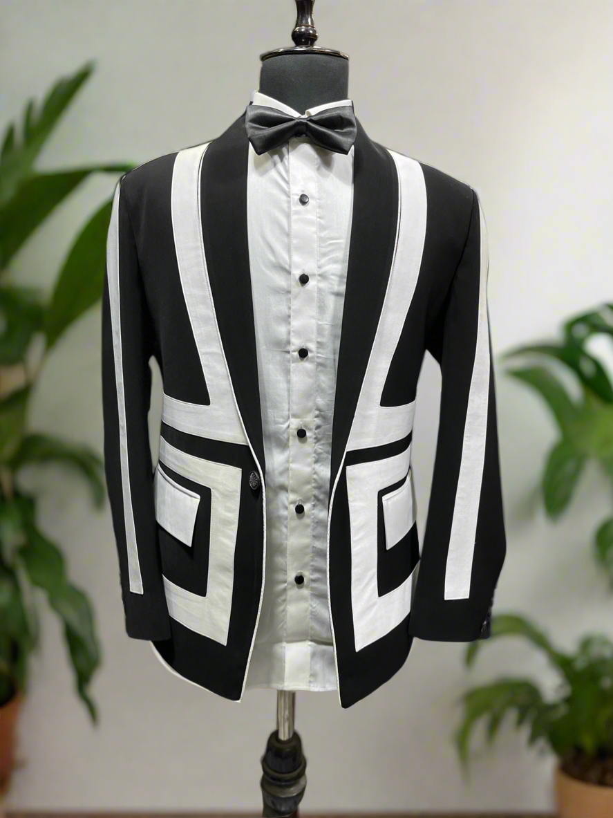 Stylish tuxedo for men with black base and white stripe highlights