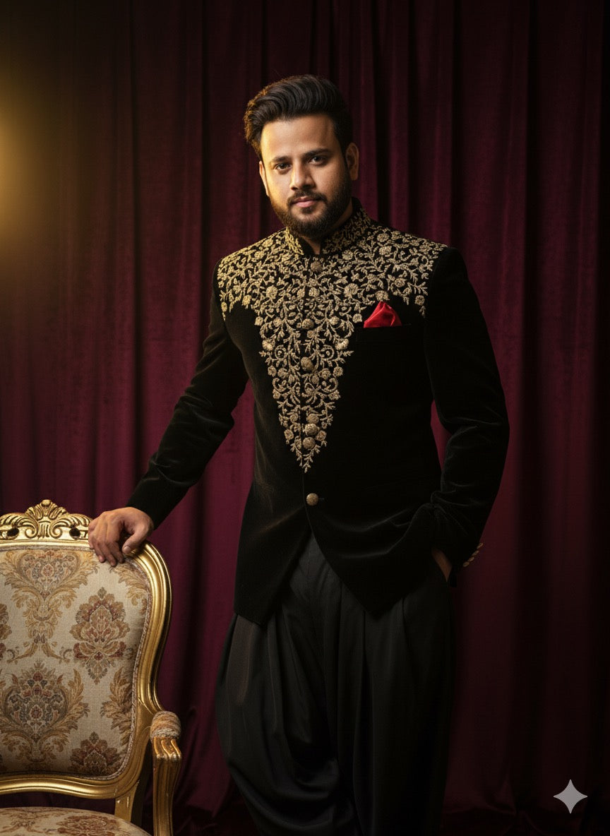 Black velvet Jodhpuri suit with heavy golden embroidery cascading from the shoulder