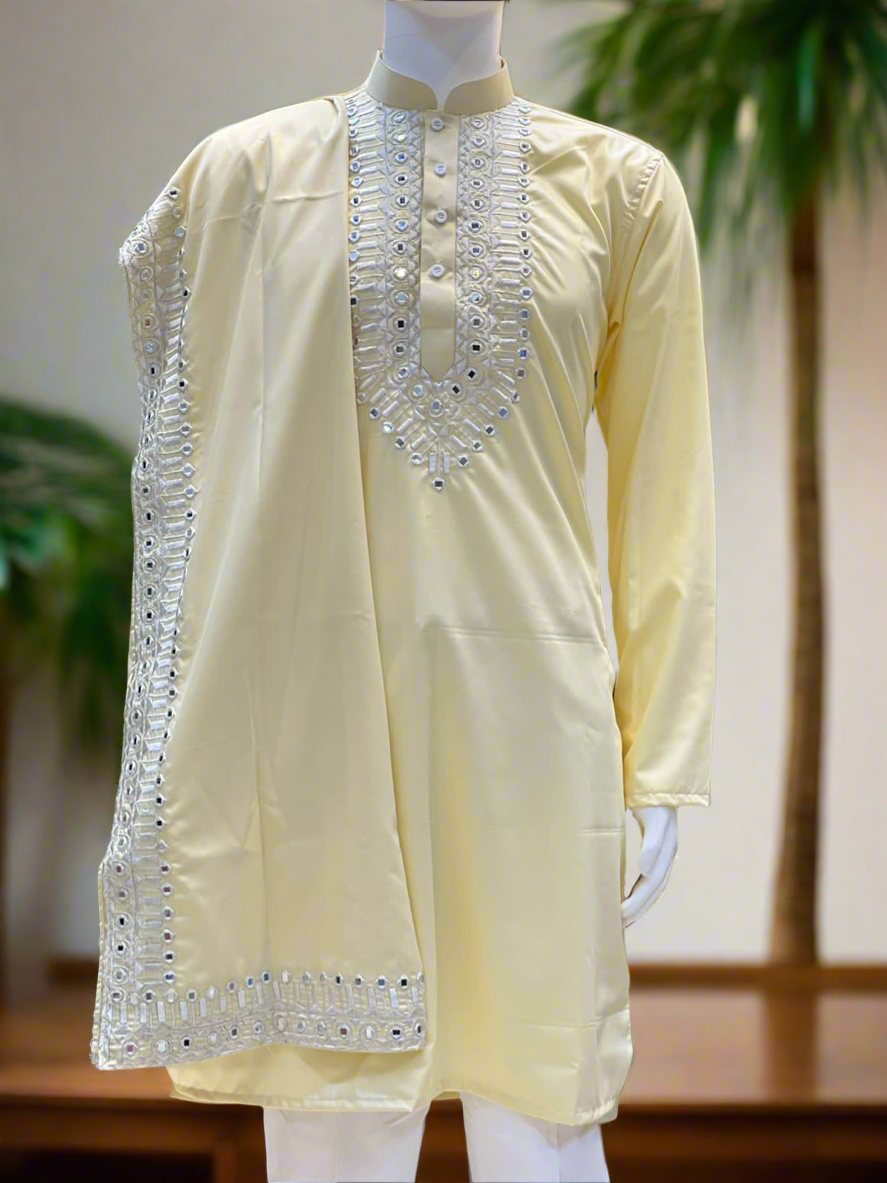 Designer ethnic wear for men in light yellow color.