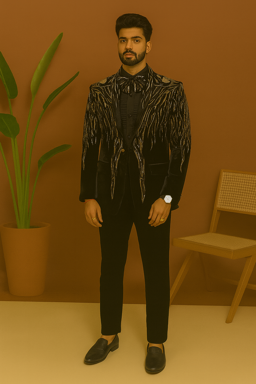 Groom Special Golden Handcrafted Embellished Tuxedo Suit