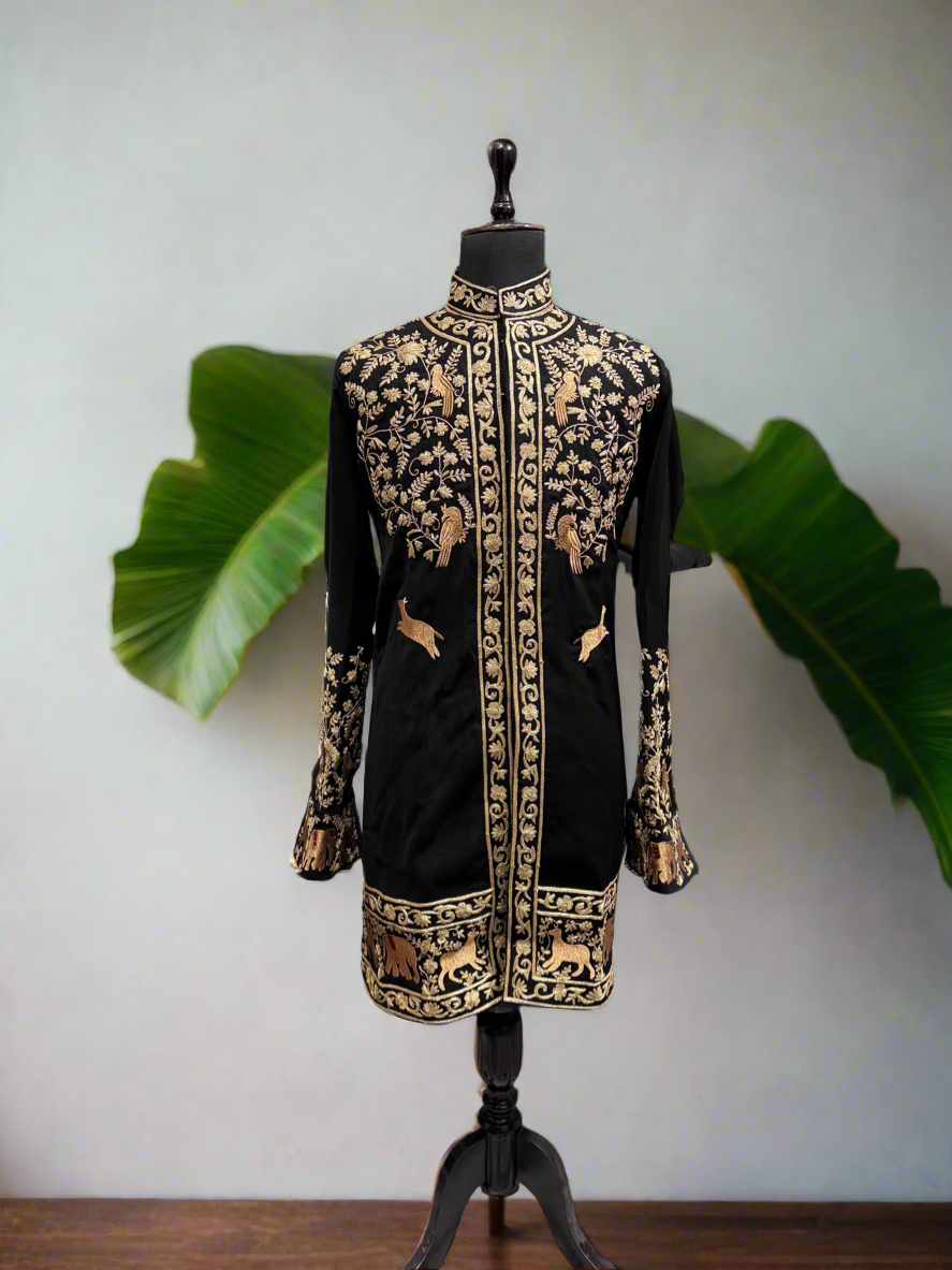 A photograph of a man in a stylish sherwani, highlighting the quality of the Japanese fabric and the unique design.

