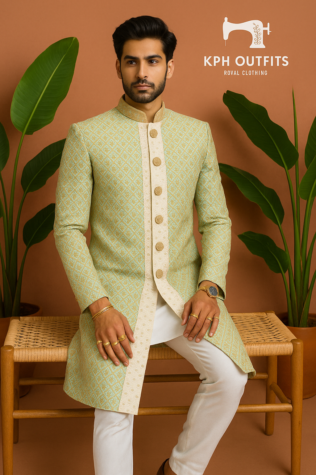 Exquisite Pista Handcrafted Golden Work Sherwani Set for Grooms - KPH Outfits