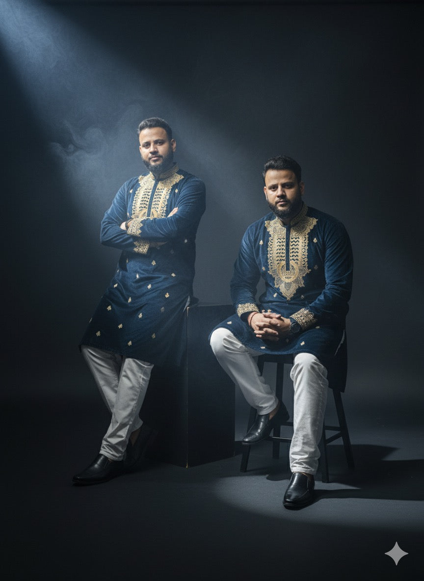 Turkish Blue Velvet Kurta with Gold Thread Embroidery - Kph Outfits