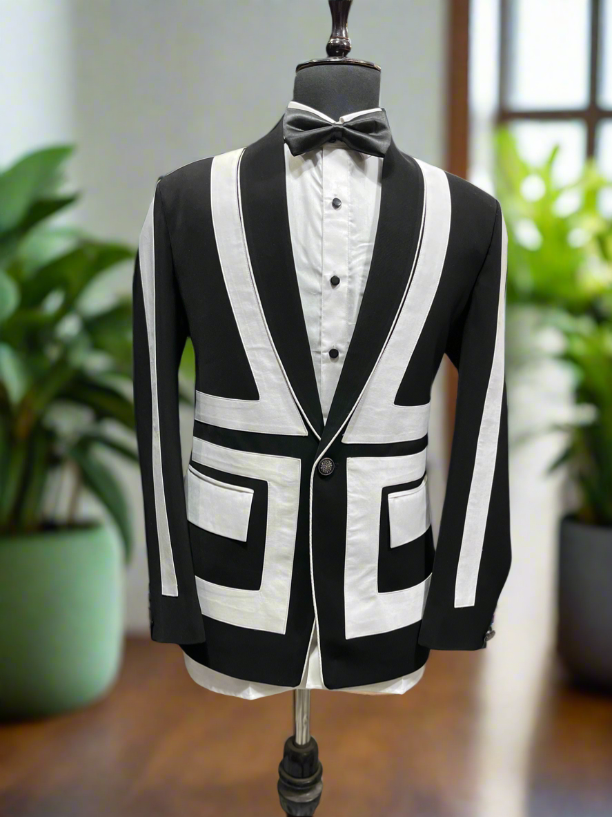 Men’s exclusive black designer tuxedo suit with white stripes