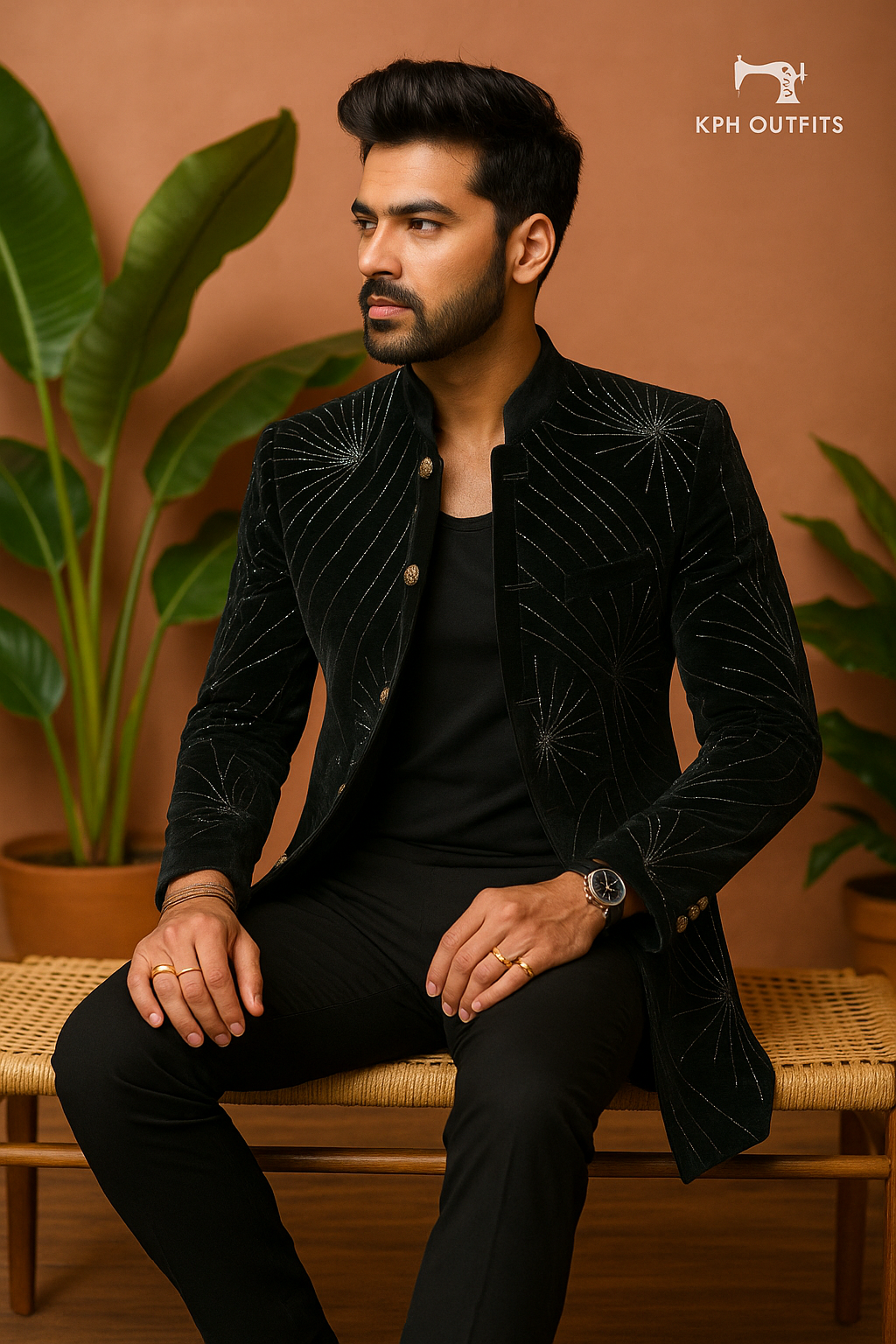 Men's Black Handcrafted Cut Dana Work Open Indo-Western Set by KPH Outfits