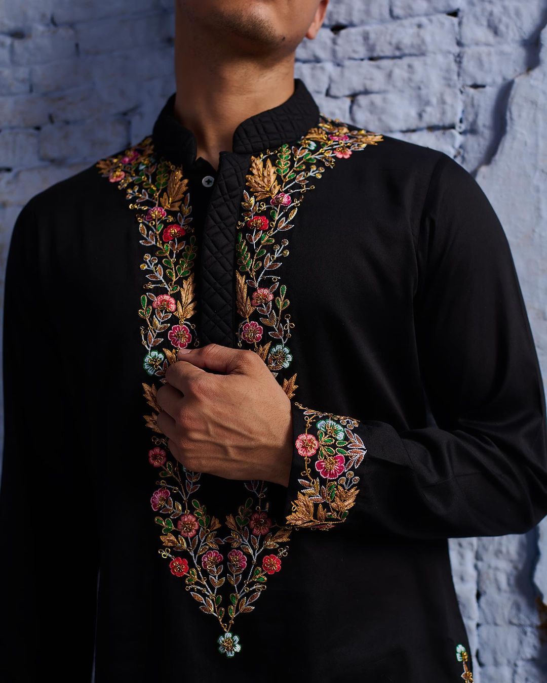 Men's Black Exclusive Multi Colour Embroidery Short Kurta Set