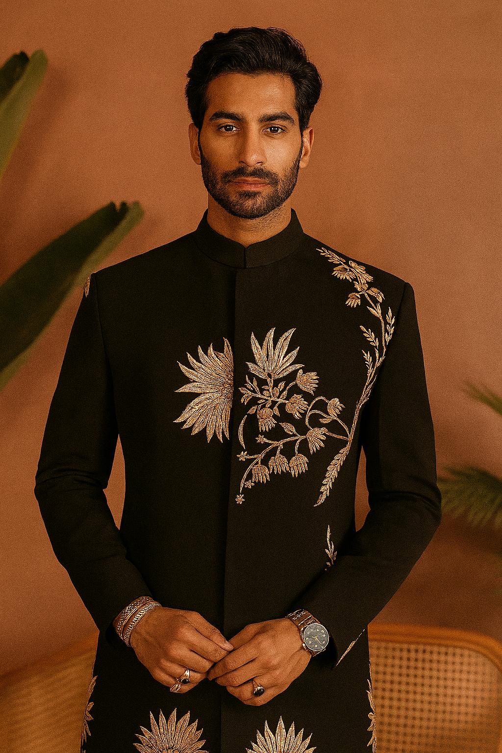 A man in a black Indo-Western kurta with intricate golden embroidery