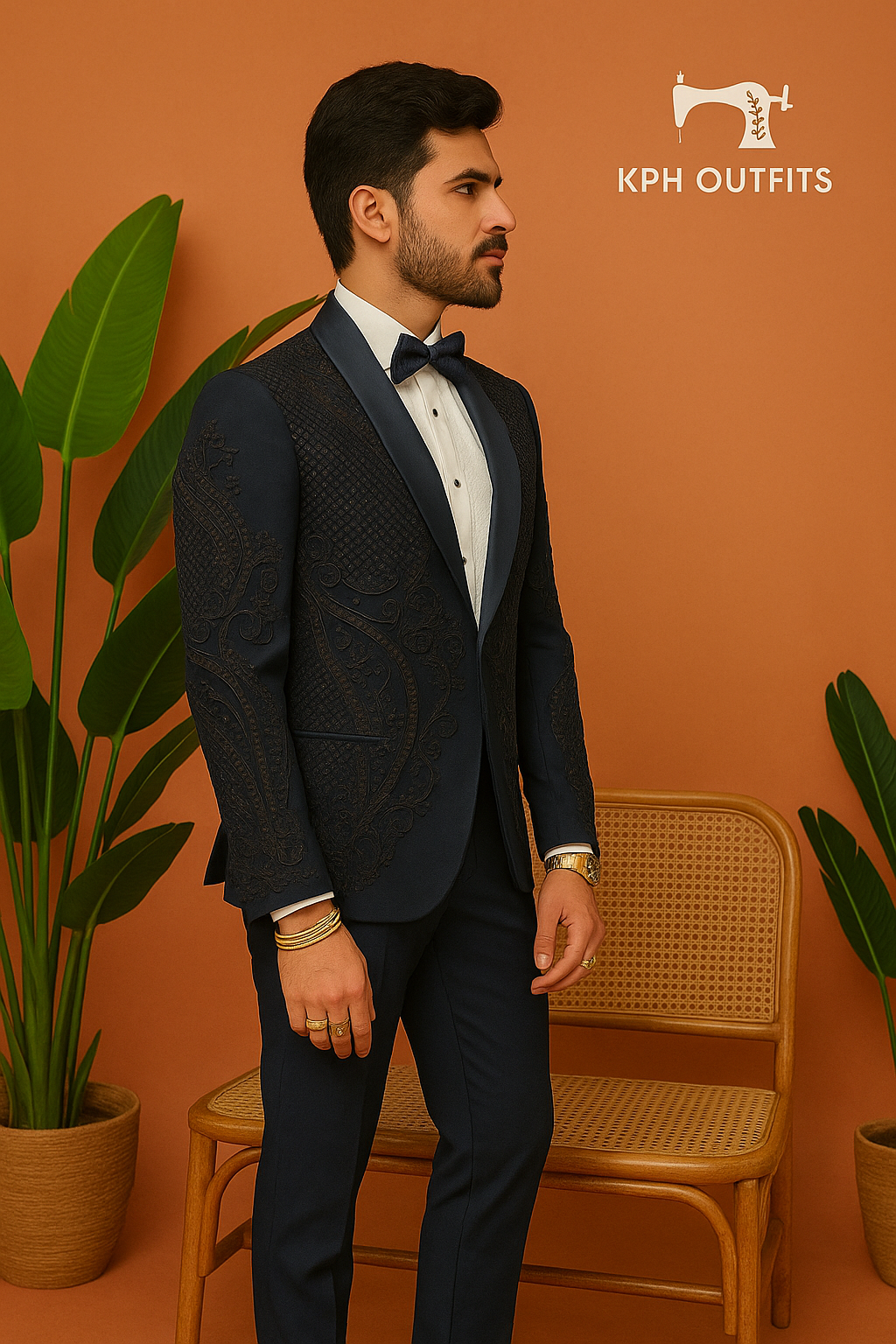 Men's Exclusive Navy Blue Handcrafted Cut Work Stylish Tuxedo Suit – Luxury Formal Wear by KPH Outfits