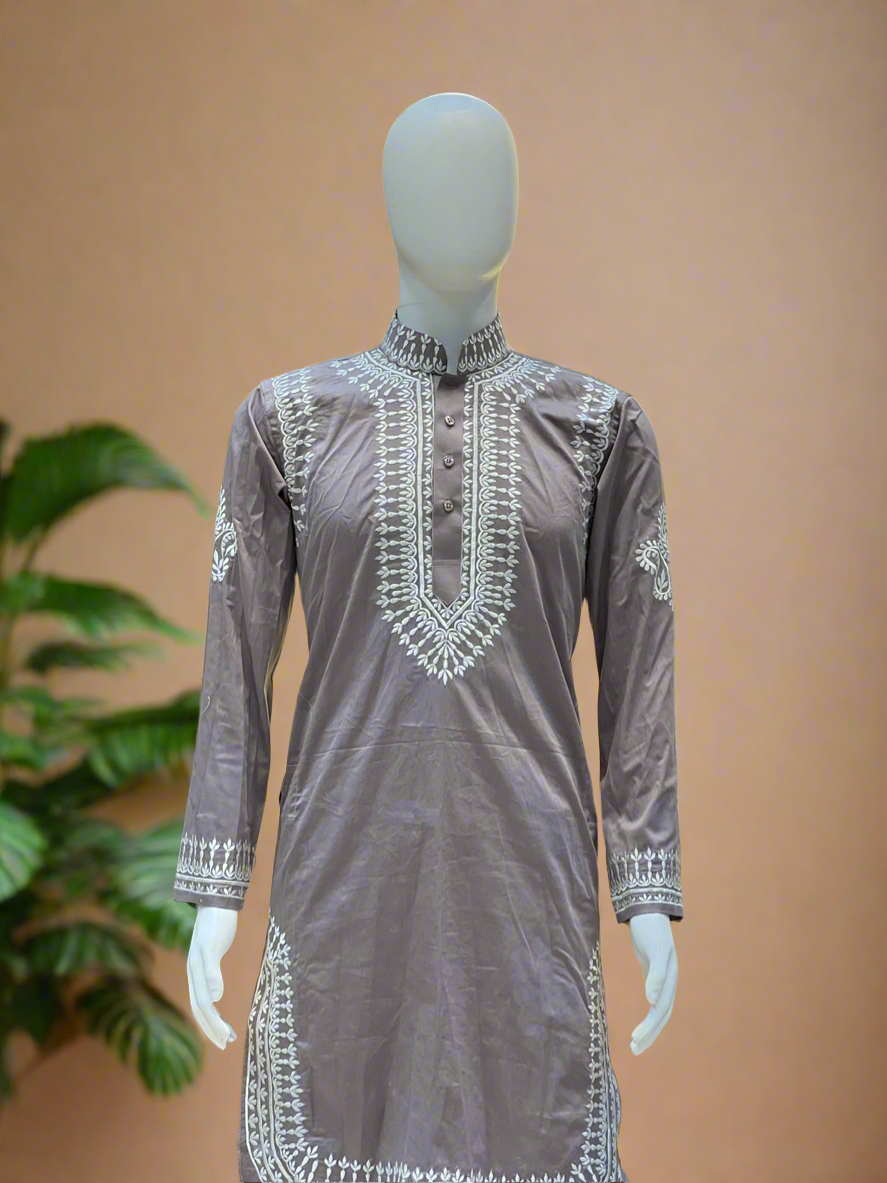 Designer ethnic wear in dark brown for festive celebrations.