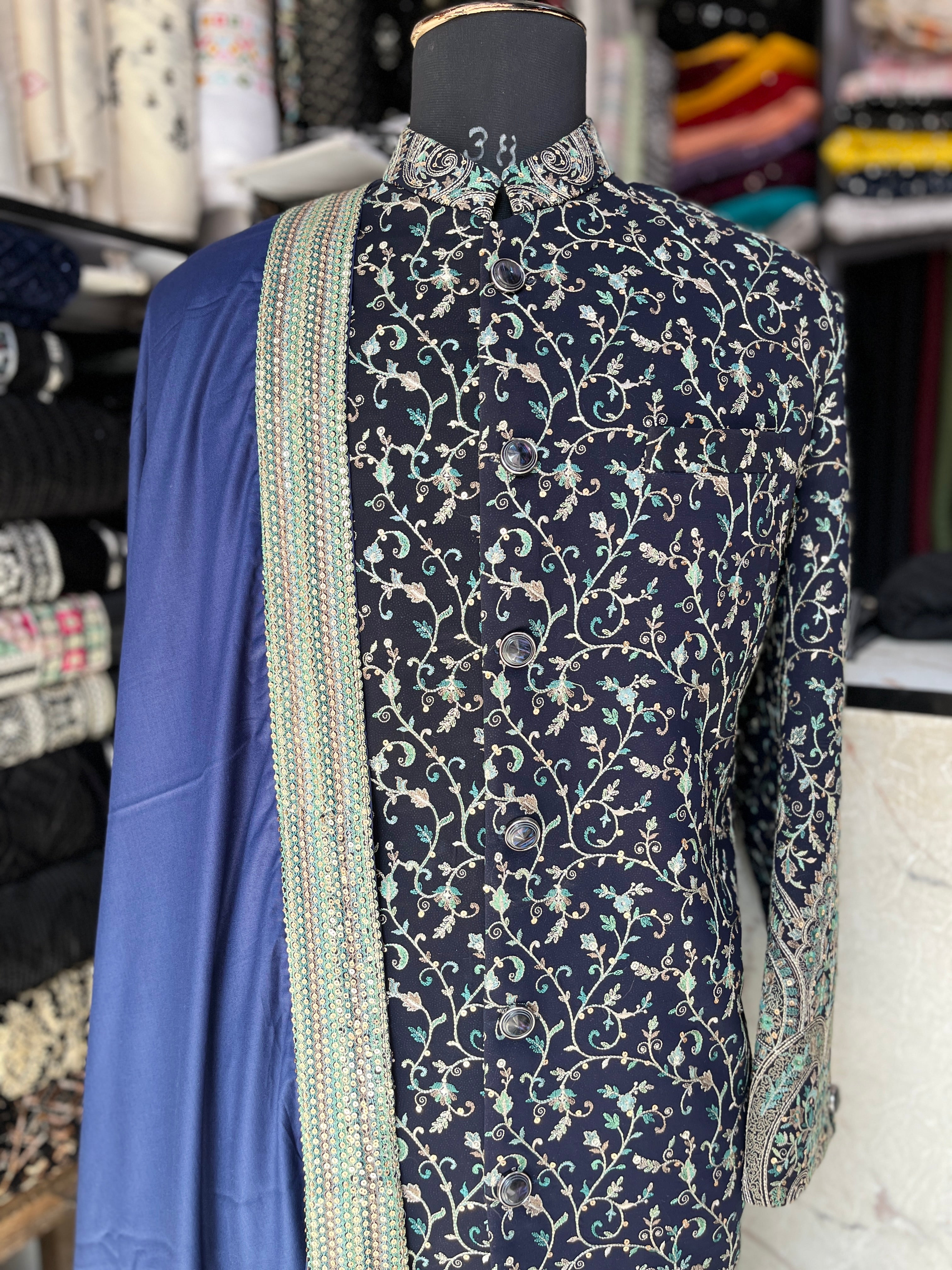 Men's Navy Blue Kalamkari Embroidery Sherwani set