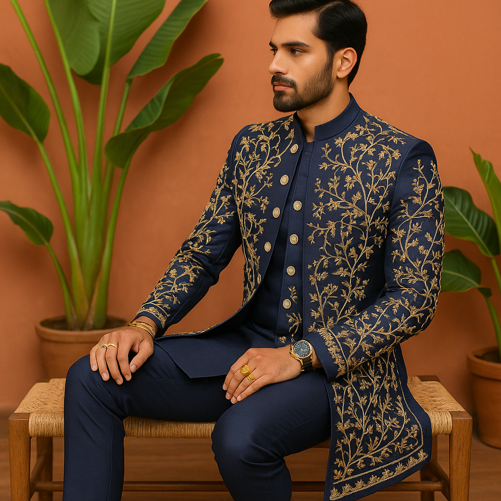 Men's Navy Blue Handcrafted Sangeet Special Indo-Western Set - KPH Outfits