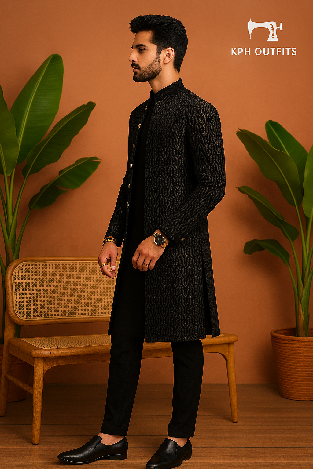 Black Velvet Sequence Zigzag Pattern Open Indo-Western Set - Contemporary Elegance by KPH Outfits