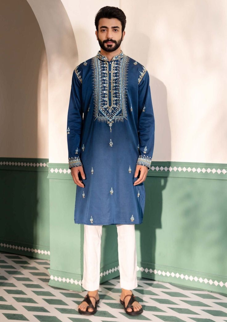 Men's Teal Blue Handcrafted Kurta Set